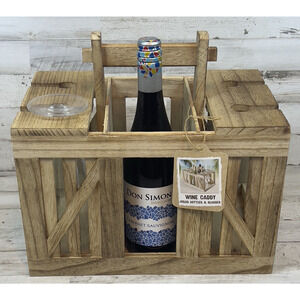 Artland Wood Wine Bottle Caddy Crate Holds 2 Bottles 4 Glasses Rustic Bar Decor